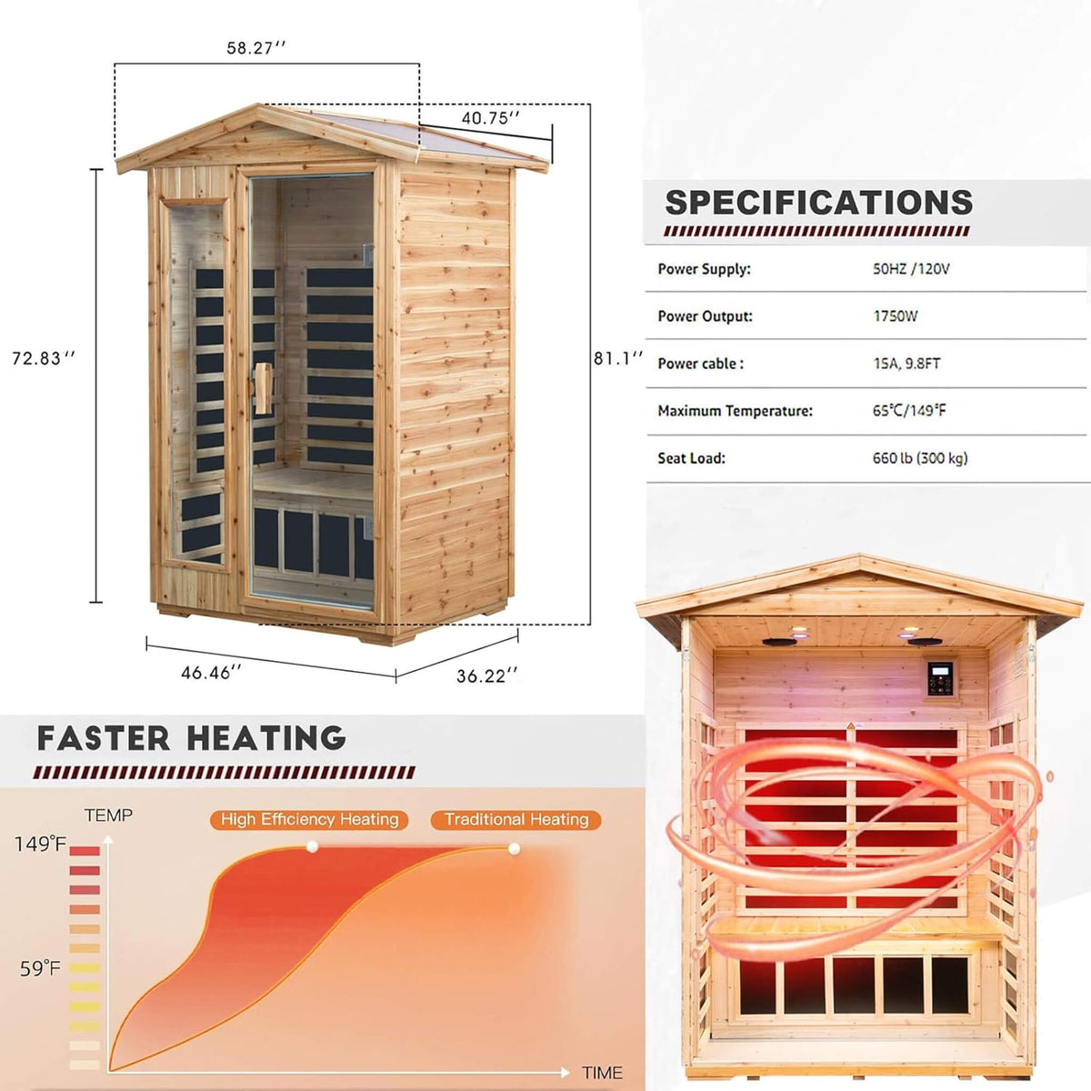 Zorin 2-Person Indoor/Outdoor Far Infrared Sauna, 1750W
