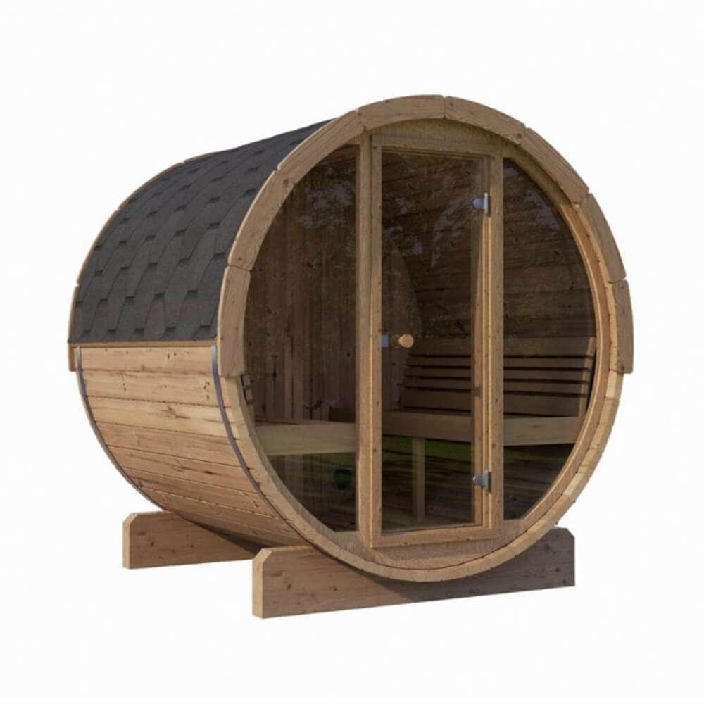 SaunaLife Ergo E8G 6-Person Outdoor Barrel Sauna with Glass Front