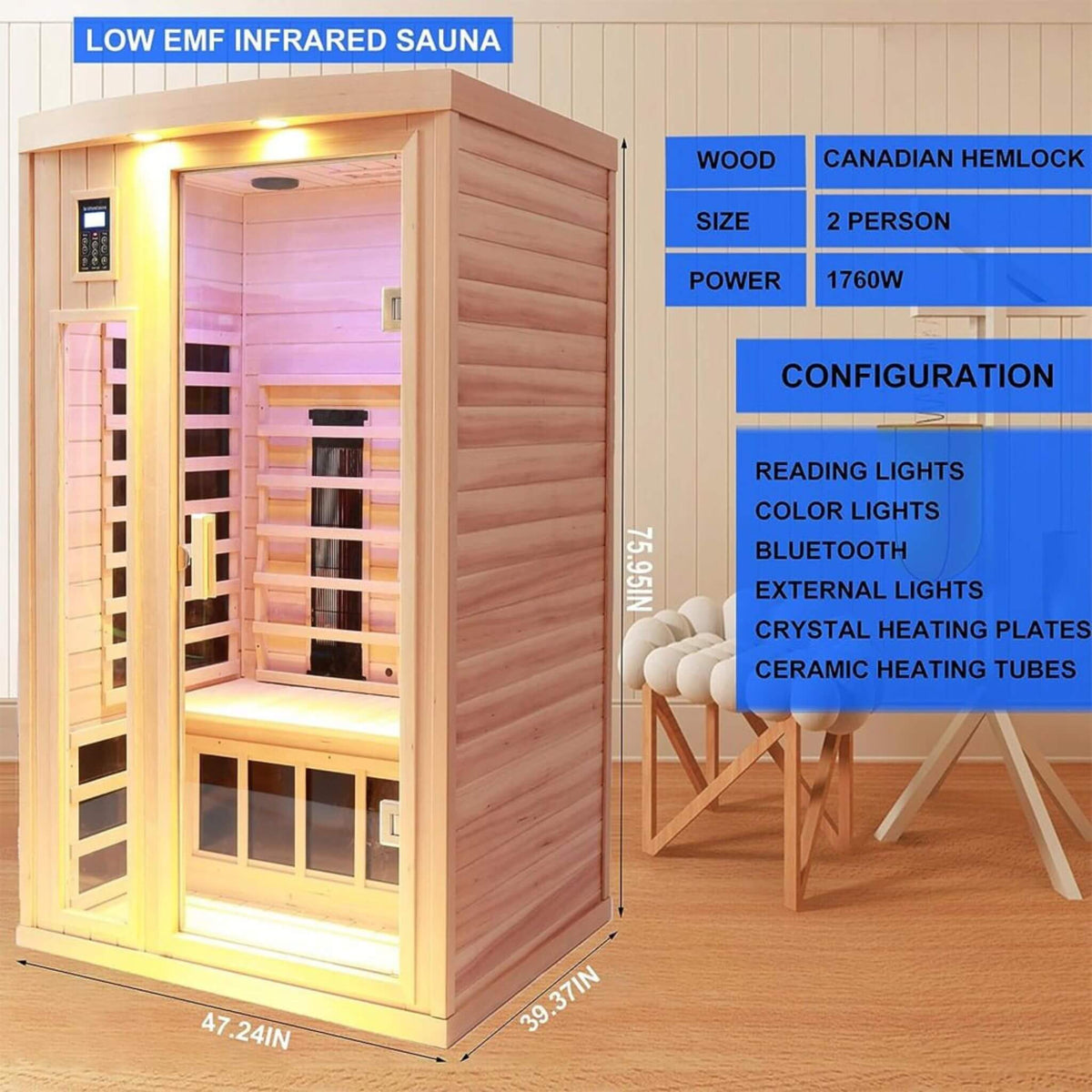 Orien 2-Person Far Infrared Sauna with Ceramic Heaters, 1760W
