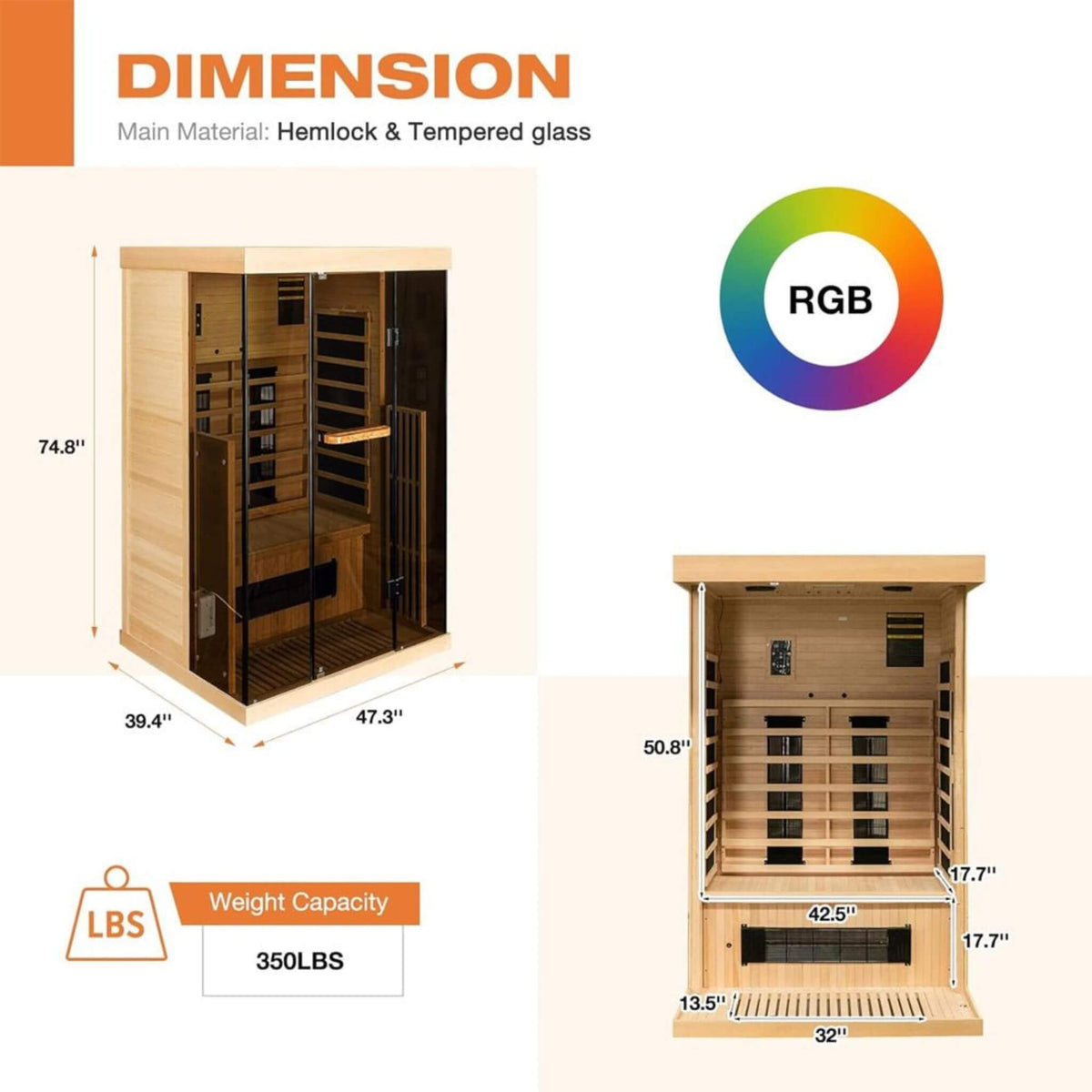Valen 2-Person Far Infrared Sauna with Panoramic Glass, 2000W