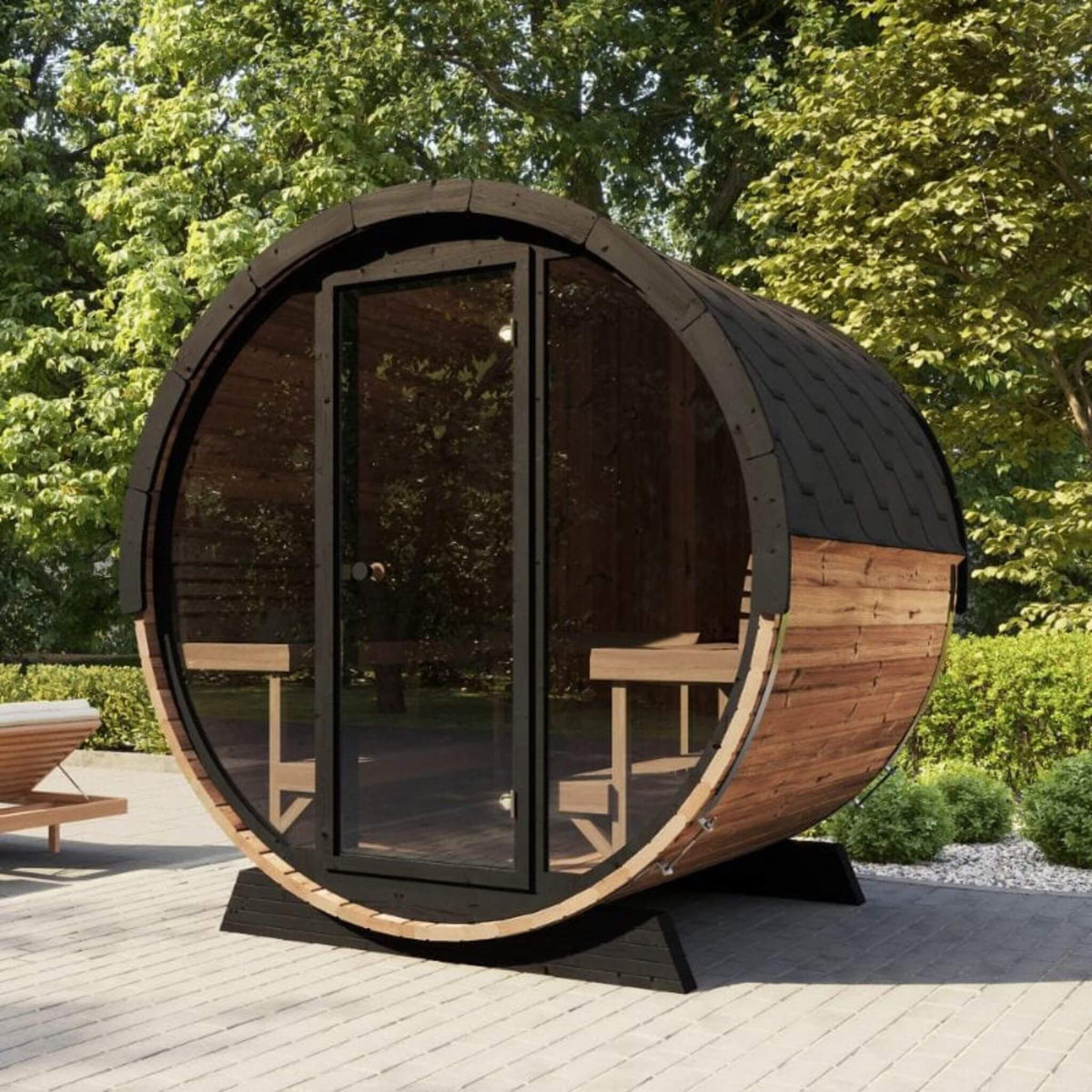 SaunaLife Ergo EE8G 6-Person Outdoor Barrel Sauna with Glass Front